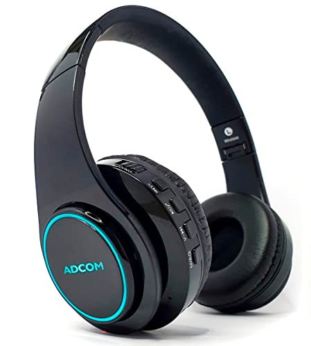Adcom Luminosa - Wireless Bluetooth Over-Ear Stereo Headphone with RGB LED Lights, 15 Hours Battery Life, Passive Noise Cancellation, Built in Mic, and Equalizer Function (Black)