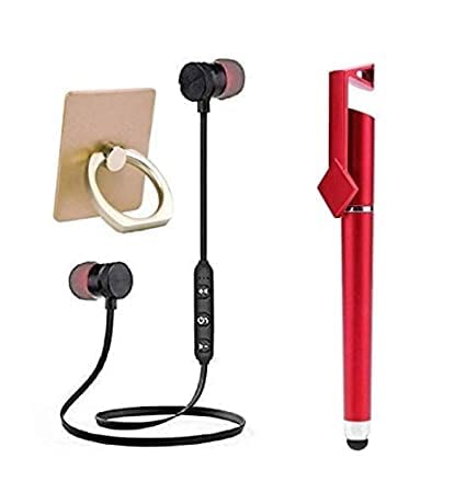 BLAXSTOC Bluetooth Earphone Wireless Headphones Sports Stereo. Jogger Headset Bluetooth Headphones for Jogger,Running,Gyming. & 1 Pcs Mobile Holder 3in1 Pen Stand & Mobile Holder Ring Compatible with All Smartphones ( Multi-Colour )