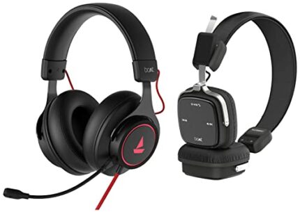 Boat Immortal Im1000D Dual Channel Gaming Wired Over Ear Headphones with Mic with 7.1 Channel Surround Audio (Black Sabre) & Rockerz 600 Wireless Bluetooth On Ear Headphones with Mic (Black)