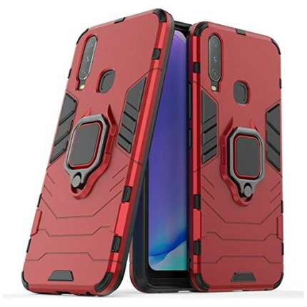 Cascov Armor Shockproof Soft TPU and Hard PC Back Cover Case with Ring Holder for Vivo Y17 / Y15 / Y12 - Armor Red