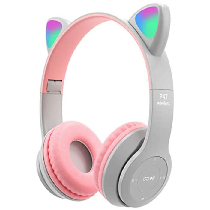 Daemon Headphones, Bluetooth Wireless Headphones for Kids/Teens/Adults, Over-Ear Bluetooth Headphones with Microphone, Cat Ear Headphones for Girls/Women/Kids (Baby Cat Ash Grey)(Wireless)