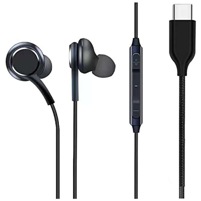 Earphones Headphones for Samsung Galaxy A33 5G Earphone Original Like Wired Stereo Deep Bass Head Hands-free Headset Earbud With Built in-line Mic, With Premium Quality Good Sound Call Answer/End Button, Music 3.5mm Aux Audio Jack (TYPE C AK, Black)