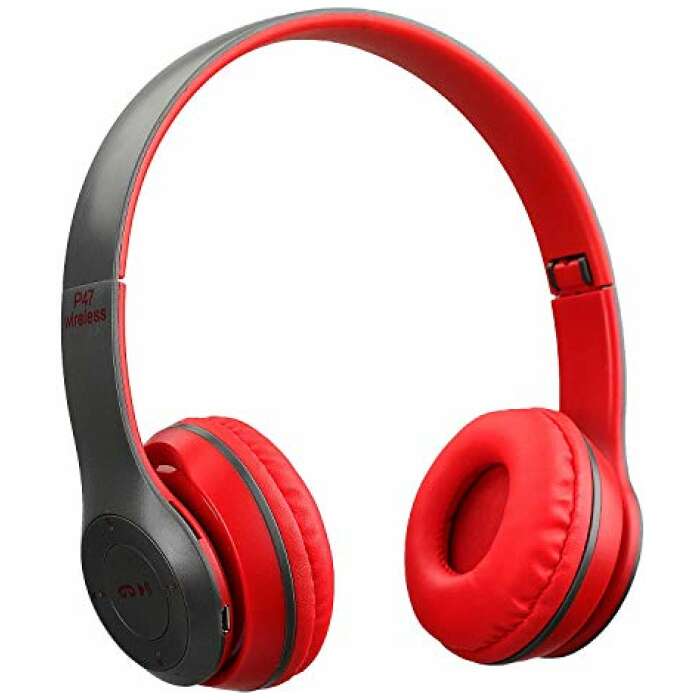 GLAMPANDA P47 Wireless Headphones Sports Portable Foldable Stretchable On- Ear Bluetooth V5.0 with Mic for Calling Also SD Card/FM Support Compatible with All Devices (Random Colour)