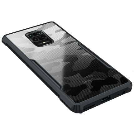 Glaslux Beetle Camouflage Slim Crystal Clear Hybrid Bumper Back Case Military Grade Protection Cover for Redmi Note 9 Pro Max (Black)