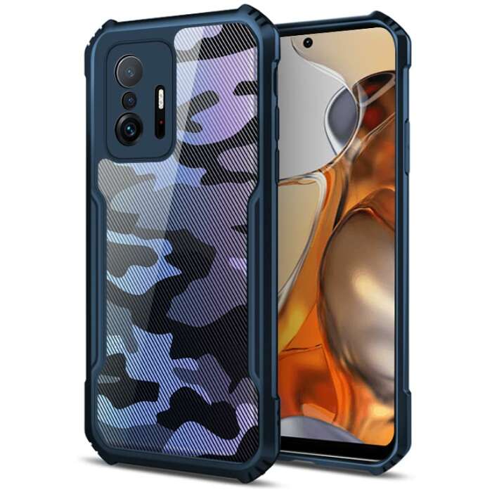 Imeigo Beetle Camouflage Slim Crystal Clear Hybrid Bumper Back Case Military Grade Protection Cover for Xiaomi Mi 11T Pro 5G (Blue)