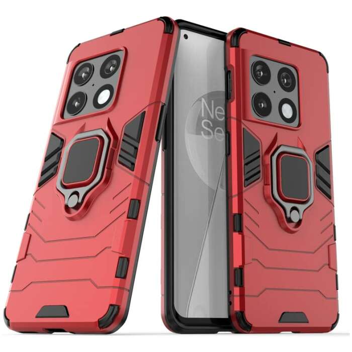 Imeigo Hybrid Armor Shockproof Soft TPU and Hard PC Back Cover Case with Ring Holder for OnePlus 10 Pro 5G (Red)