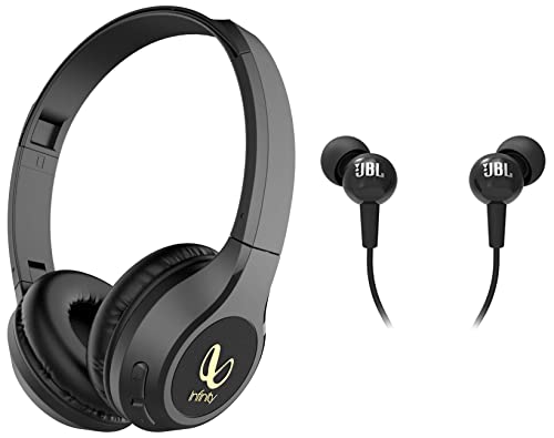 Infinity Glide 510, 72 Hrs Playtime with Quick Charge, Wireless On Ear Headphone (Black) & JBL C100SI Wired in Ear Headphones with Mic, JBL Pure Bass Sound, One Button Multi-Function Remote