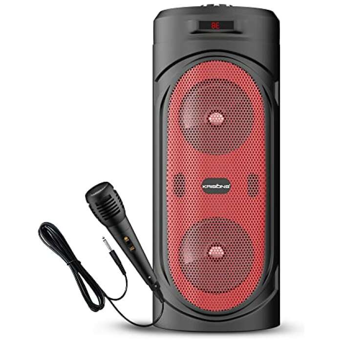 KRISONS 4" RedStar Double Woofer 30W Multi-Media Bluetooth Party Speaker with Wired Mic for Karaoke, RGB Lights, USB, SD Card and FM Radio (REDSTAR_01)