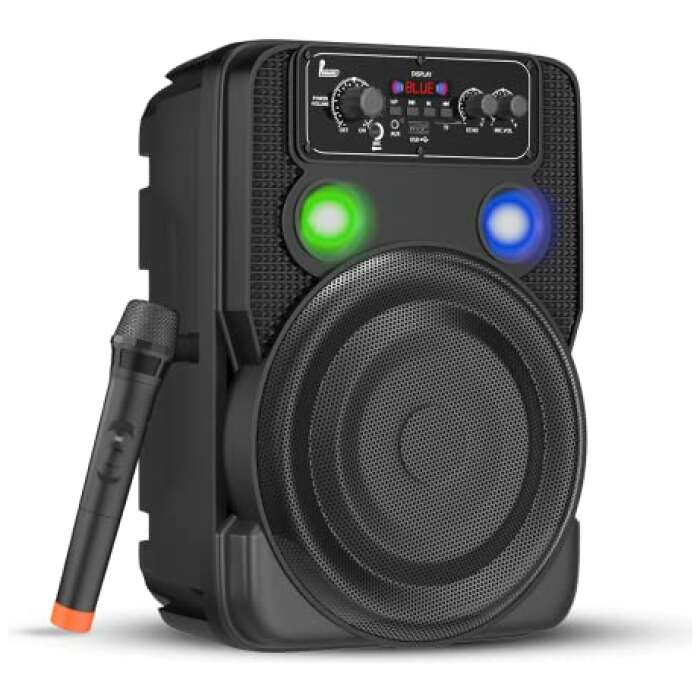 Krisons Ultima Party Speaker with RGB Lights, Trolley Bluetooth Speaker, 8-inch Woofer, Free Wireless Mic, 4 Hours Playback, RGB Lights, USB Input, TF Card, Aux Input