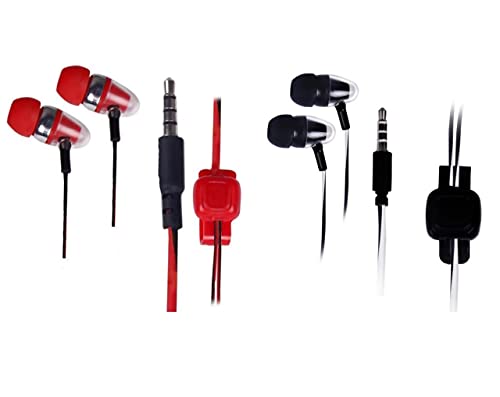 Made in India Earbuds Headphones with Microphone, Pack of 2, Earbuds Wired Stereo Earphones in-Ear Headphones Bass Earbuds, for All Smartphones, Combo of 2(Black & Red)