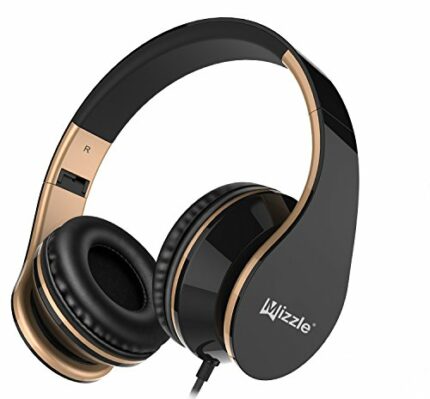 Mizzle MZ-65 Wired Headphones, On-Ear Stereo Sound Bass Portable Foldable Wired Headsets with Microphone and Volume Control for iPhone, Android Smartphones and Tablets (Black/Gold)