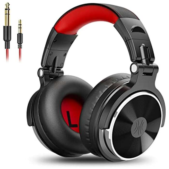 OneOdio Pro-10 Over Ear Headphone, Wired Bass Headsets with 50mm Driver, Foldable Lightweight Headphones with Shareport and Mic for Recording Monitoring Podcast Guitar PC TV (red)