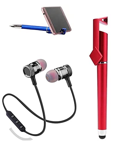 QOCXRRIN QC2IN1 Wireless Bluetooth in Ear Headphone with Mic & 3 in 1 Mobile Holder Pen Stand(Multi Color)