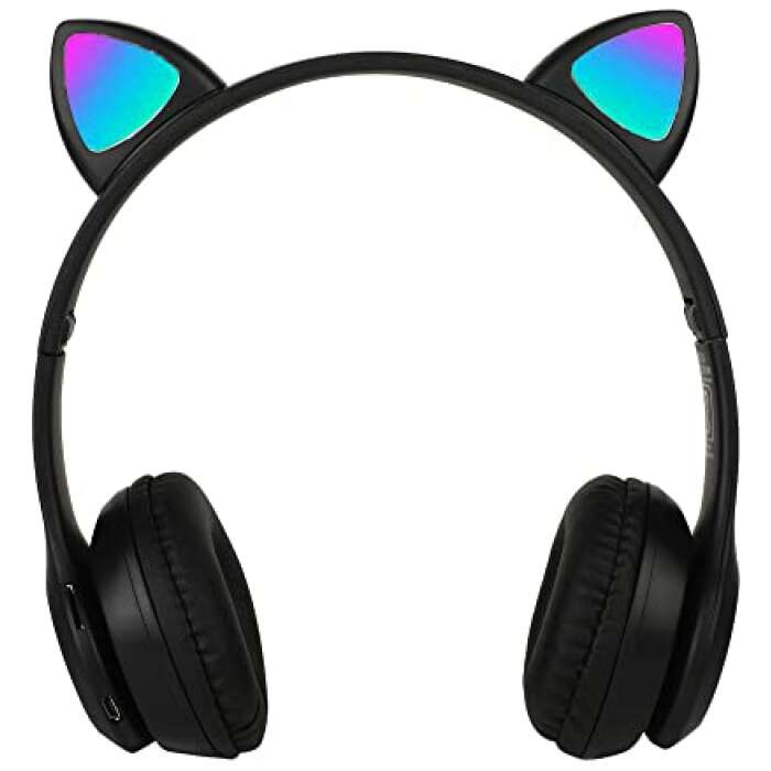 ROXO P47M Wireless Bluetooth Cat Ear with 7 RGB Color Changing Lights Headphones with Mic,Aux,Memory Card Support,Upto 8 Hours Battery Back Up,Supports All Devices (Black)
