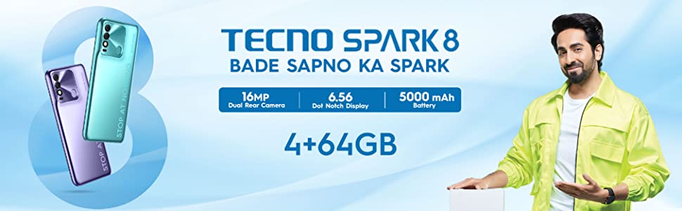 Spark 8 (4+64GB), 16MP AI Dual Rear Camera, 6.56 Dot Notch Display, 5000 mAh battery