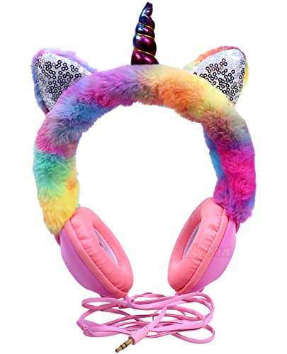 Toyshine Musical Unicorn Wired On Ear Headphones With Mic 3.5Mm Aux Audio Jack, Soft And Cozy Plush Over Toy Gift Present For Girls Boys Teens