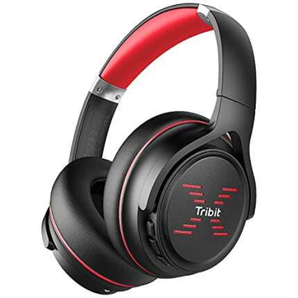 Tribit XFree Go Over Ear Bluetooth Headphones with Mic, Wireless Headset HiFi Sound, Deep Bass,Lightweight,Type-C Lightening Fast Charge, 34H Playtime for Travel/Office/Home, Black&Red