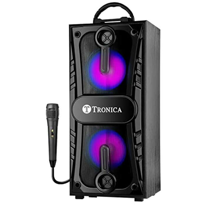 Tronica TALLBOY AM-202 Dual Wooden Rechargeable Speaker with 4 Hours Backup Plays Bluetooth Sd Card FM AUX & MIC