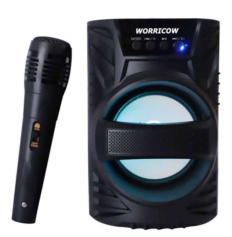 WORRICOW Portable Wireless Bluetooth Speaker 5.0, Wired mic with HD and Rich Bass, DJ Light Carry Handle-Travel Surround Sound Speaker, USB/AUX/TF/SD Card Supported