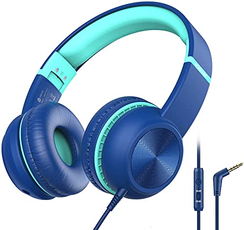 Wired Headphones with Mic - iClever Kids Headphones Foldable Stereo Tangle-Free 3.5mm Jack Wired Cord Over-Ear Headset for Children/Teens/Boys/Girls/Smartphones/School/Kindle/Airplane Travel/Plane/Tablet,Blue