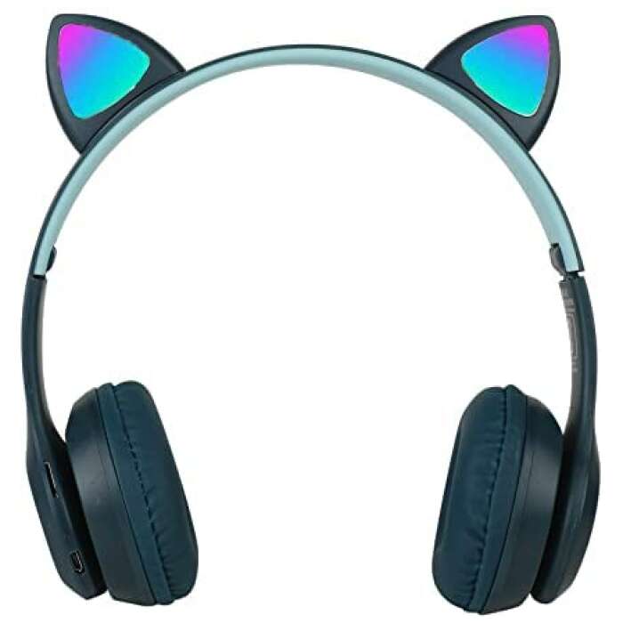 WonderMak Wireless Bluetooth Cat Ear Headphones with Mic,Aux,Memory Card Support,7 RGB Color Changing Lights,Supports All Devices (Dark Blue)