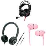 boAt Immortal IM-200 7.1 Wired Over Ear Headphones (Active Black) & Bassheads 900 Wired On Ear Headphones with Mic (Carbon Black) & Bassheads 100 in Ear Wired Earphones with Mic(Taffy Pink)