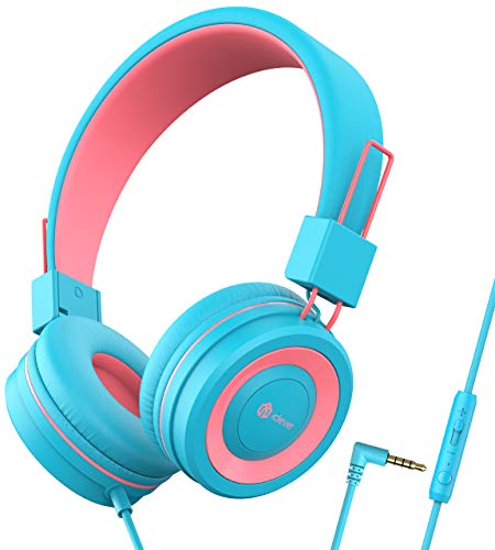 iClever HS14 Headphones for Girls, Kids Headphones with Mic, 94dB Volume Limited, Adjustable Headband, Foldable, Wired Over Ear Child Headset for Online Class Tablet, Blue&Pink