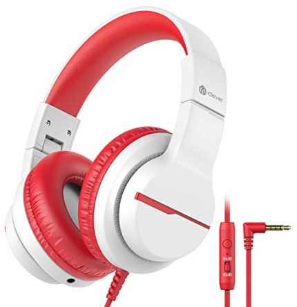 iClever HS19 Kids Headphones with Microphone, 85/94dB Volume Limiter - Shareport - Over Ear Stereo Headphones for Kids Boys Girls, Foldable 3.5mm Jack Wired Headphones for iPad/School/Travel, Red