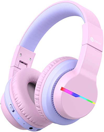 iClever Headphones for Girls Kids Headphones with Mic, Colorful LED Lights Kids Bluetooth Headphones with 74/85/94dB Volume Limited Over Ear, 40H Playtime, Bluetooth 5.0, Built-in Mic for School/Tablet/PC/Airplane, Pink