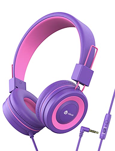 iClever Headphones for Girls - Kids Headphones with Mic, Foldable Headset for Kids, Adjustable Headband, 85/94dB Volume Control, Wired Girls Headphones for School/Travel, Rose Purple