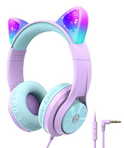 iClever Kids Headphones for Girls Gift Over Ear Headphones with Mic/Shareport, Wired Cat Ear Children Headphones, 94dB Volume Limited Foldable Headset for Kids Online Class Learning, Travel, Purple