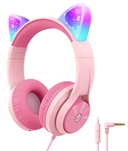 iClever Kids Headphones for Girls Over the Ear Headphone with Mic/Shareport, Wired Cat Ear Led Light Up Headphones,94dB Volume Limited, Foldable Headphones for Kids Girls Birthday Gifts/School/iPad/Kids Tablet/Travel, Pink