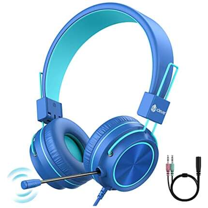 iClever Kids Headphones with Mic, Wired On Ear Headphones for Kids,94 dB Volume Safe Headphones for Boys, Foldable- for Online Class/iPad/Tablet, Blue
