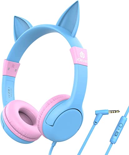 iClever Kids Headphones with Microphone, 85/94dB Volume Control, Cat Ear Headphones for Boys Girls, Children Wired Headphones for School Blue Pink