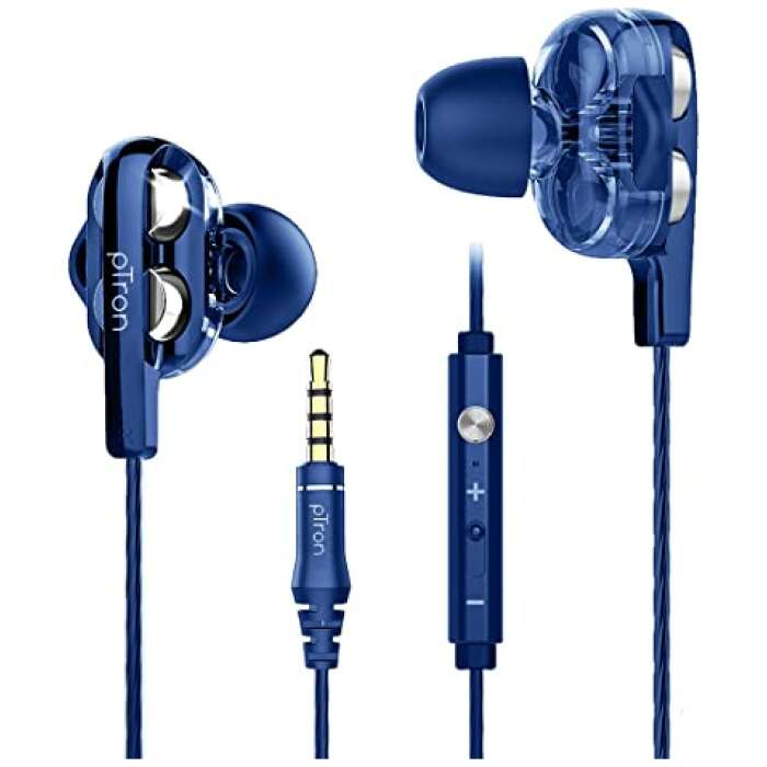 pTron Boom Ultima 4D Dual Driver, In Ear Gaming Wired Headphones with Mic, Volume Control & Passive Noise Cancelling Boom 3 Earphones - (Dark Blue)