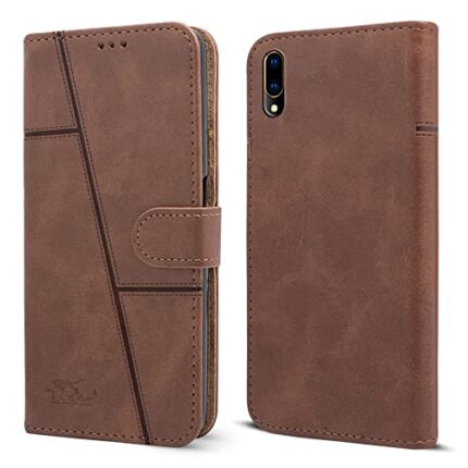 Jkobi Flip Cover Case for Vivo V11 Pro (Stitched Leather Finish | Magnetic Closure | Inner TPU | Foldable Stand | Wallet Card Slots | Brown)