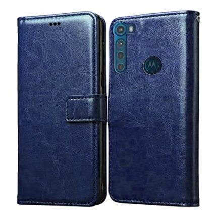 Amazon Brand - Solimo Flip Leather Mobile Cover (Soft & Flexible Back case) for Motorola One Fusion Plus (Blue)