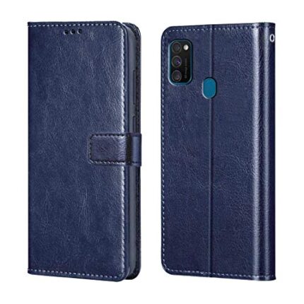 Amazon Brand - Solimo Flip Leather Mobile Cover (Soft & Flexible Back case) for Samsung Galaxy M21 / M30s (Blue)