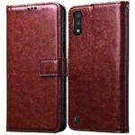 Amazon Brand - Solimo Flip Leather Mobile Cover (Soft & Flexible Back case) for Samsung Galaxy M01 (Brown)