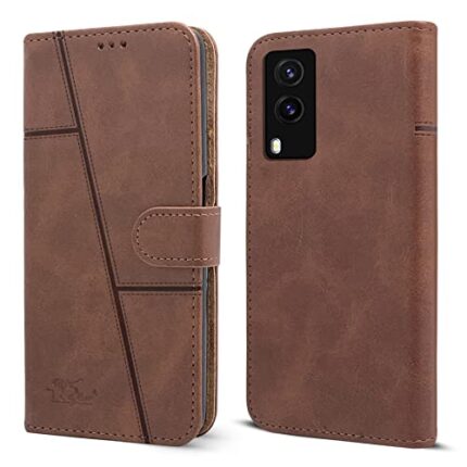 Jkobi Flip Cover Case for Vivo V21e 5G (Stitched Leather Finish | Magnetic Closure | Inner TPU | Foldable Stand | Wallet Card Slots | Brown)