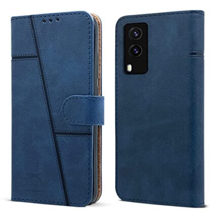 Jkobi Flip Cover Case for Vivo V21e 5G (Stitched Leather Finish | Magnetic Closure | Inner TPU | Foldable Stand | Wallet Card Slots | Blue)