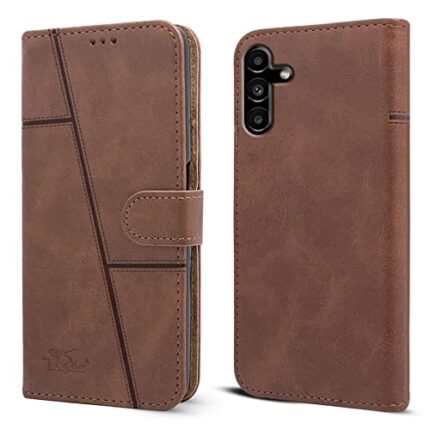 Jkobi Flip Cover Case for Samsung Galaxy A14 5G (Stitched Leather Finish | Magnetic Closure | Inner TPU | Foldable Stand | Wallet Card Slots | Brown)