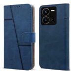 Jkobi Flip Cover Case for Vivo Y35 (Stitched Leather Finish | Magnetic Closure | Foldable Stand | Wallet Card Slots | Blue)