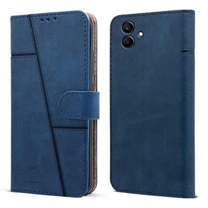 Jkobi Flip Cover Case for Samsung Galaxy A04 | A04E (Stitched Leather Finish | Magnetic Closure | Inner TPU | Foldable Stand | Wallet Card Slots | Blue)