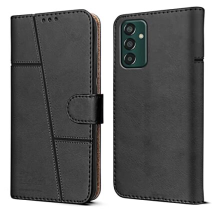Jkobi Flip Cover Case for Samsung Galaxy F13 (Stitched Leather Finish | Magnetic Closure | TPU | Foldable Stand | Wallet Card Slots | Black)