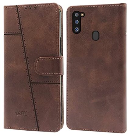 Jkobi Flip Cover Case for Samsung Galaxy M21 2021 (Stitched Leather Finish | Magnetic Closure | Inner TPU | Foldable Stand | Wallet Card Slots | Brown)