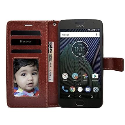 Bracevor Flip Cover for Moto G5 Plus (Executive Brown) | PU Leather Case | Foldable Stand | Wallet Card Slots