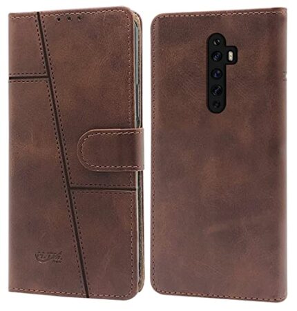 Jkobi Flip Cover Case for Oppo Reno2 Z | Reno 2Z | Reno 2F | 2 F (Stitched Leather Finish | Magnetic Closure | Inner TPU | Foldable Stand | Wallet Card Slots | Brown)