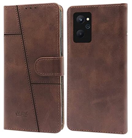 Jkobi Flip Cover Case for Realme 9i (Stitched Leather Finish | Magnetic Closure |Foldable Stand | Wallet Card Slots | Brown)