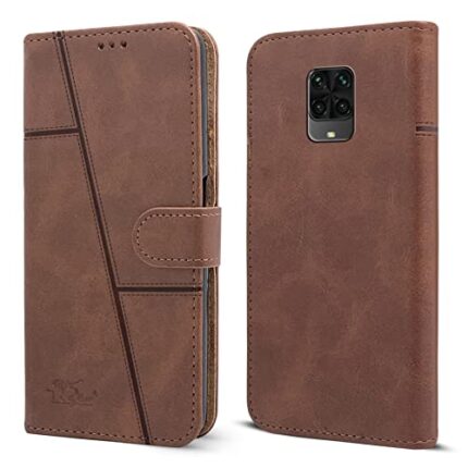 Jkobi Flip Cover Case for Poco M2 Pro (Stitched Leather Finish | Magnetic Closure | Inner TPU | Foldable Stand | Wallet Card Slots | Brown)